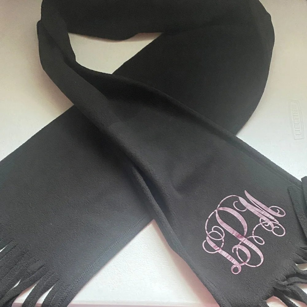 Personalized Black Fringe Scarf with Purple Monogram LPM